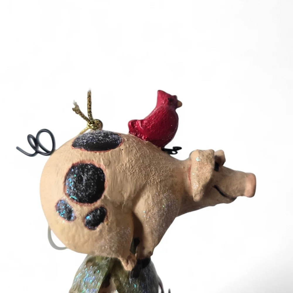 Whimsical Pig on Corn Ornament with Cardinal Folk Art Christmas Tree Decor